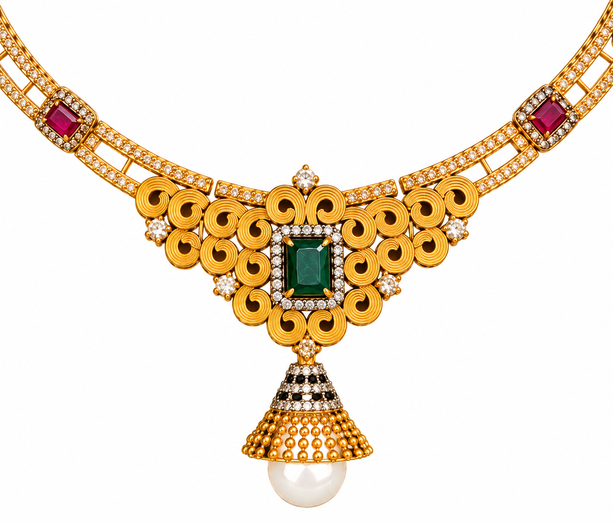 Gold Kundan Necklace Set with Green Stones