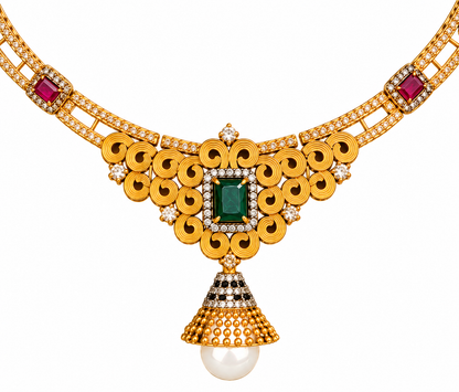 Gold Kundan Necklace Set with Green Stones