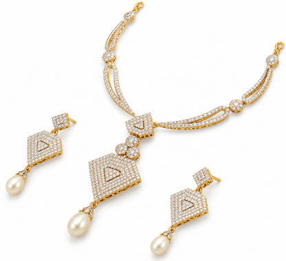 Gold Diamond Pearl Necklace Set