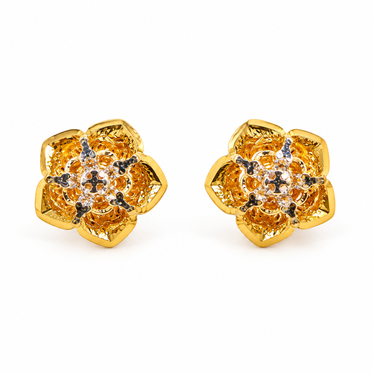 Golden Floral Filigree Studs with Crystal Details