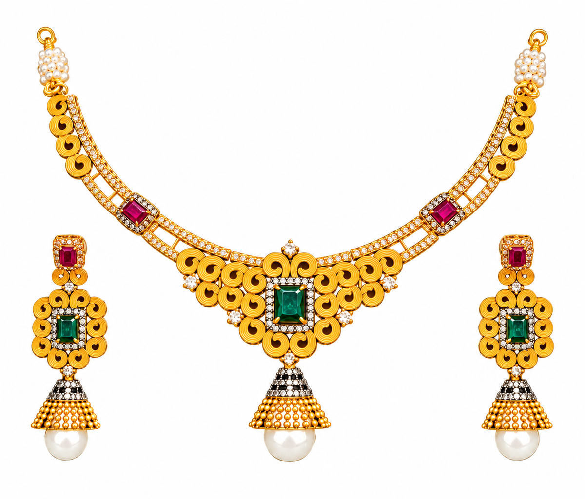Gold Kundan Necklace Set with Green Stones