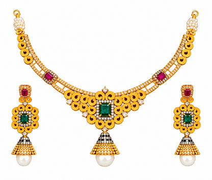 Gold Kundan Necklace Set with Green Stones