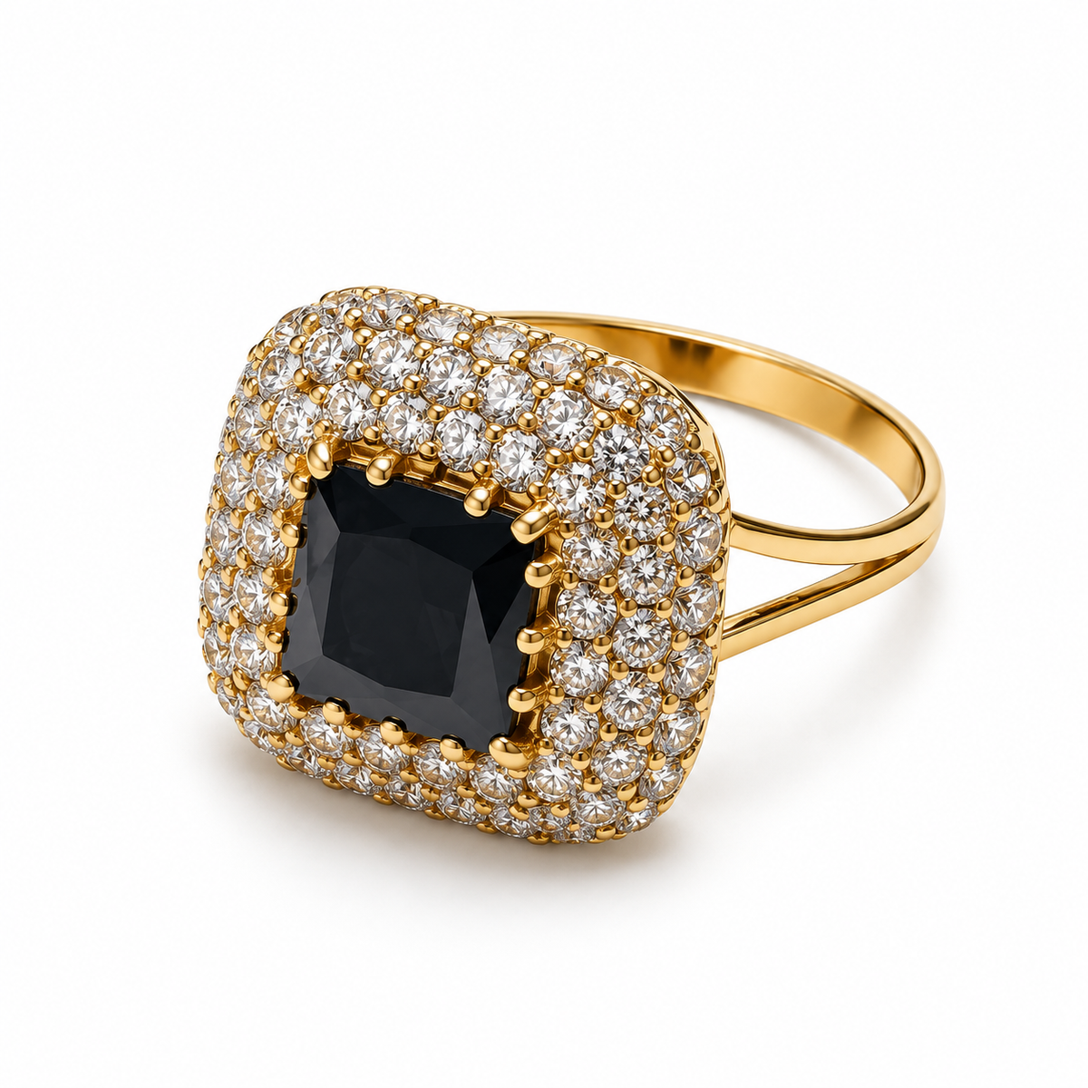 Gold Halo Ring with Black Centre Stone
