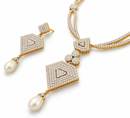 Gold Diamond Pearl Necklace Set