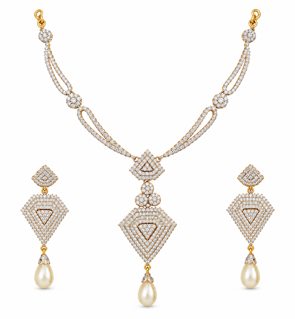 Gold Diamond Pearl Necklace Set