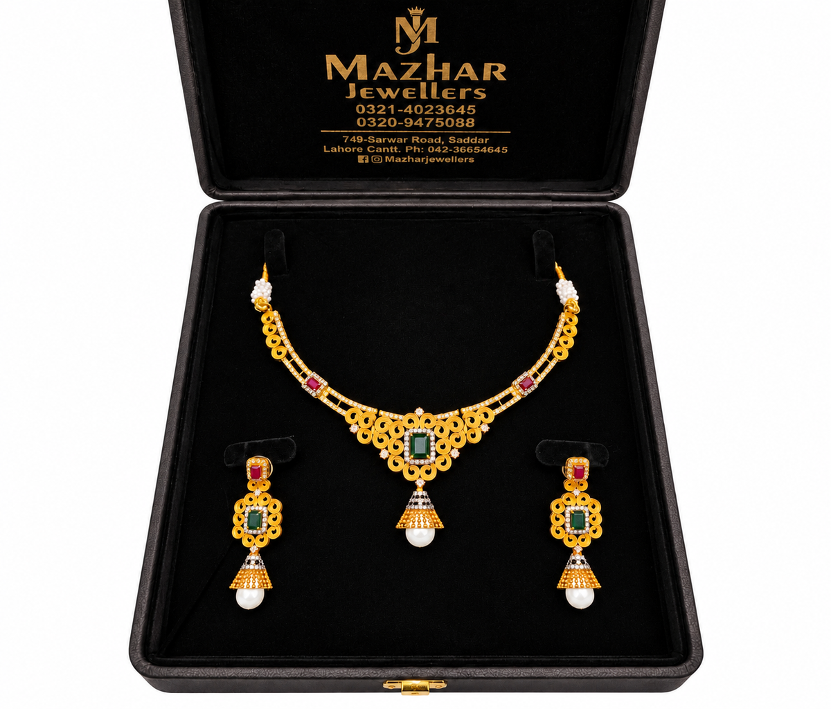 Gold Kundan Necklace Set with Green Stones