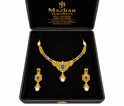 Gold Kundan Necklace Set with Green Stones