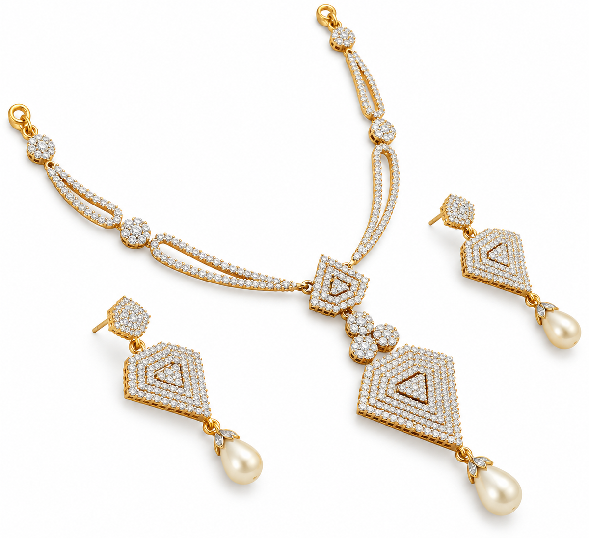 Gold Diamond Pearl Necklace Set