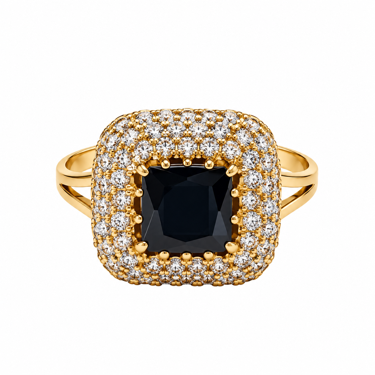 Gold Halo Ring with Black Centre Stone